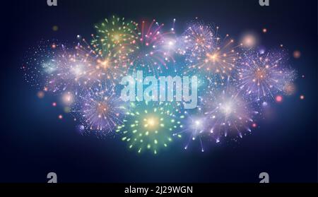Realistic colourful fireworks burst in night sky background. Summer festival, anniversary or christmas celebration. Firework vector effect Stock Vector