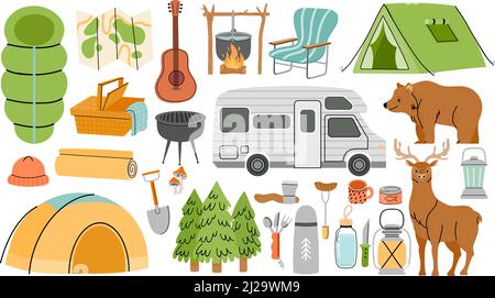 Hiking camp equipment, sleeping bag, barbeque and tents. Cartoon nature forest or mountain exploring travel. Tourist adventure vector set Stock Vector
