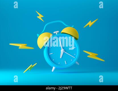 Blue vintage ringing alarm clock with bright yellow lightings Stock Photo