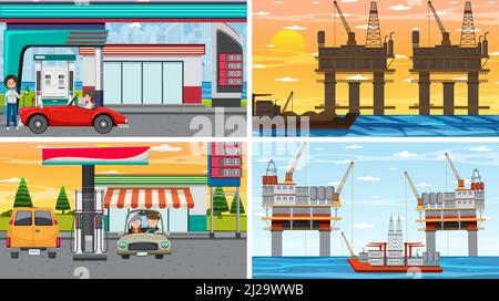 Set of oil petrol and gas relevant scene illustration Stock Vector