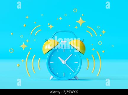 Blue vintage ringing alarm clock with bright yellow lightings Stock Photo