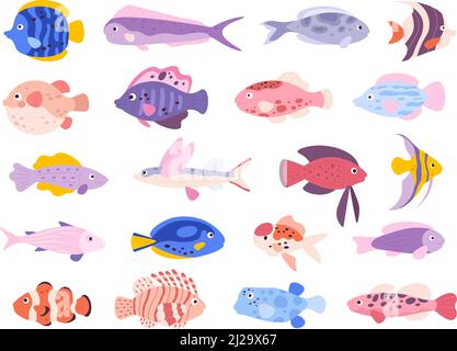 Cartoon cute tropical ocean exotic aquarium fishes. Goldfishes, tetra, barb, angelfish and lionfish. Small freshwater fish pets vector set Stock Vector
