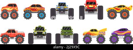 Cartoon monster trucks designs side and front view. Offroad race cars with large wheels and fire. Extreme sport heavy vehicles vector set Stock Vector