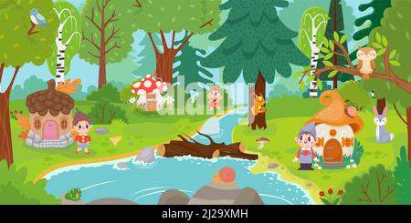 Cartoon elves and gnomes in magic forest Stock Vector