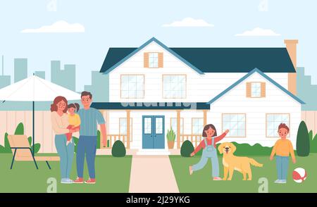 Happy family rest weekend at home yard Stock Vector