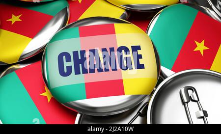 Change in Cameroon - national flag of Cameroon on dozens of pinback buttons symbolizing upcoming Change in this country. , 3d illustration Stock Photo
