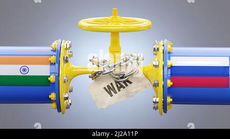 India and Russia oil and gas sanctions, stand-off and war. Squeezed gas pipe symbolizes the LNG embargo, crisis and upcoming price rises., 3d illustra Stock Photo