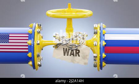 USA and Russia oil and gas sanctions, stand-off and war. Squeezed gas pipe symbolizes the LNG embargo, crisis and upcoming price rises., 3d illustrati Stock Photo