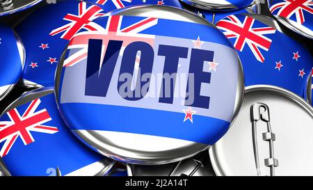 New Zealand and Vote - dozens of pinback buttons with a flag of New Zealand and a word Vote. 3d render symbolizing upcoming Vote in this country., 3d Stock Photo