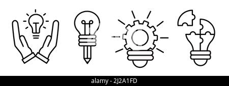 Set of Light bulbs with cog or gear sign. Idea outline icon. Innovation icon in flat style. Idea business concept. Vector outline icon Stock Vector