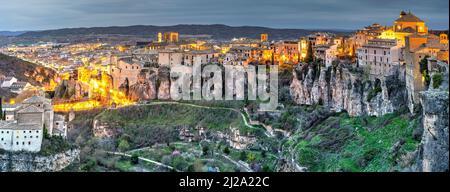 Panoramic view over the old town at twilight, Cuenca, Castilla-La Mancha, Spain Stock Photo