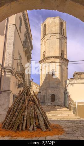 Octagonal bell tower of Saint Michael Archangel Sanctuary at Monte Sant'Angelo on Italy. Monte Sant'Angelo is a town on the slopes of Gargano. Stock Photo