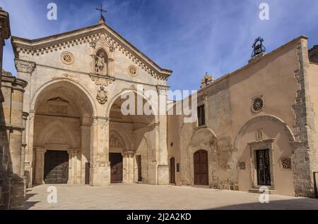 View of main facade of Saint Michael Archangel Sanctuary at Monte Sant'Angelo in Apulia, Italy. Stock Photo