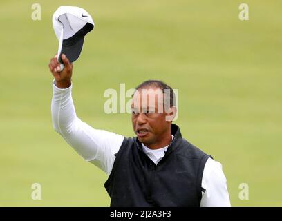 File photo dated 19-07-2019 of USA's Tiger Woods. Woods has not played in a top-level event since his horrific car crash in Los Angeles in February last year, the 15-time major winner suffering such severe injuries that he feared his right leg might have to be amputated. The 46-year-old has fallen to 944th in the world rankings as a result, but is eligible for the Masters as a former champion and remains listed as an active player on the tournament’s official website. Issue date: Thursday March 31, 2022. Stock Photo