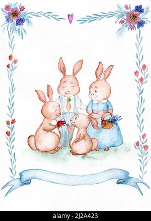 WAtercolor Easter Bunny Family Printable Poster. Home Decor Easter Gift with Copy Space for Name and Text. Stock Photo