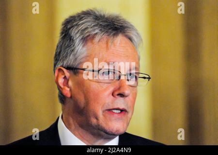 Belfast, Northern Ireland. 23 Dec 2014 - First Minister Peter Robinson (Democratic Unionist Party) gives his reaction to the agreement made between the Northern Ireland executive parties, and the British and Irish Governments Stock Photo