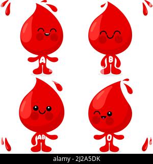 Cute cartoon blood drops. Different blood types. Blood donation concept characters. Vector illustration Stock Vector
