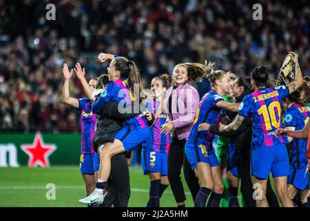 Barcelona, Catalonia. 30th Mar, 2022. FC Barcelona players celebrate a goal  during the UEFA Women's Champions League match between FC Barcelona Femeni  and Real Madrid Femenino at Camp Nou.Final score; FC Barcelona