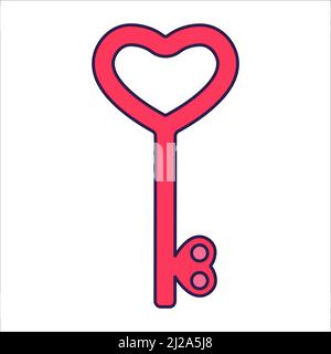 Retro Valentine Day icon key with hearts. Love symbol in the fashionable pop line art style. The cute figure is in soft pink, red, and coral color. Ve Stock Vector