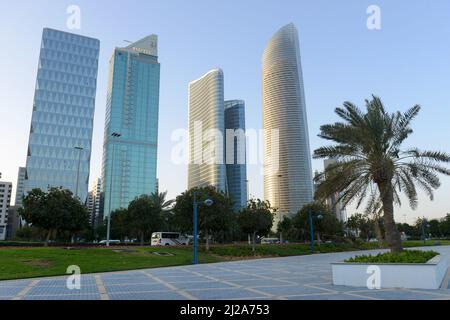 the iconic Landmark tower and the Islamic Bank building in Abu Dhabi, UAE. Stock Photo