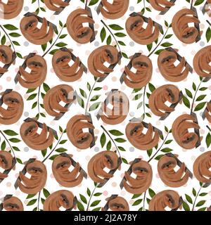 Repeat sloth pattern, Seamless tropical pattern, Cartoon animal background, Rainforest cute sloth wallpaper, Animal background for wrapping paper Stock Photo