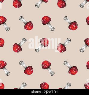 Seamless mushroom pattern, Fly agaric background, Poison mushroom print, Autumn ornament, Green mushroom backdrop, Amanita wallpaper, red mushroom Stock Photo