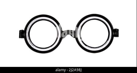 Front of nerdy black glasses with thick glass. Isolated on a white background Stock Photo