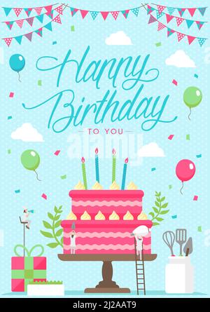 Happy birthday (birthday cake motif ) vertical postcard template illustration Stock Vector