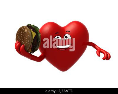 heart with arms and a hamburger on hand, 3d illustration Stock Photo