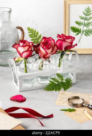 Three beautiful pastel colored pink roses with fern leaves in glass vases and decorative white metal basket. Stock Photo