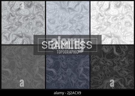Topo map with elevation. Seamless topographic maps set. Contour map vector. Geographic World Topography map grid abstract vector illustration. Stock Vector