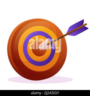 Arrow hit to center of target. Business goal, focus to success. Vector isolated illustration on white background with shadow. Red, yellow and violet colors. Stock Vector