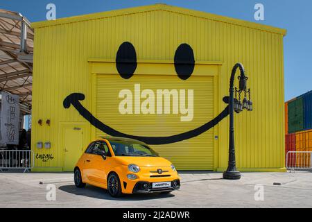 Front view of yellow Fiat 500 abarth 595 parked in the street Stock ...