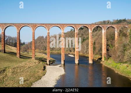 The disused Leaderfoot Railway Viaduct over the river Tweed, near Melrose, Scottish Borders, Scotland, UK Stock Photo