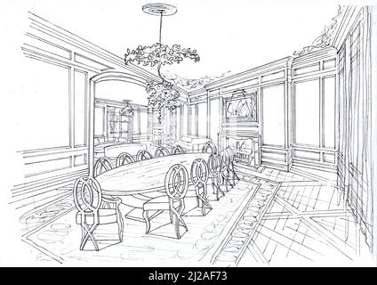 Black and white sketch of a dining room furnished in a traditional style. Stock Photo