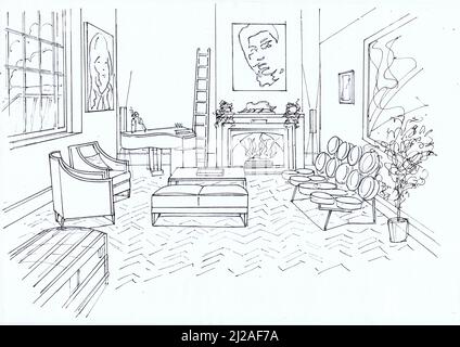 Black and white sketch of a lounge furnished in a contemporary style. Stock Photo