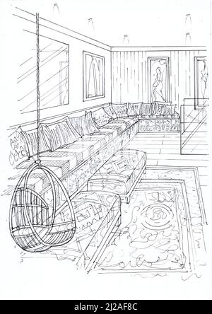 Black and white sketch of a lounge furnished in a contemporary style. Stock Photo