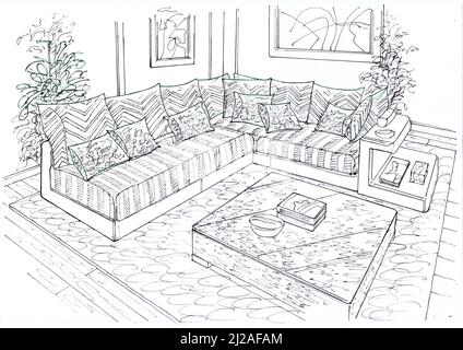 Black and white sketch of a lounge furnished in a contemporary style. Stock Photo