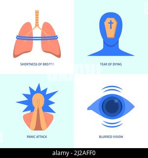 Panic attack icon set. Stress symptoms. Fear of dying, blurry vision, shortness of breath. Vector illustration. Stock Vector
