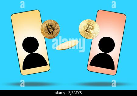 Close up of two cell phones with transaction of bitcoins between those. Blue background. Concept of cryptocurrency and e-commerce. Stock Photo