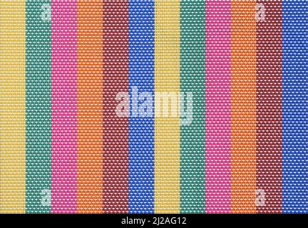 Texture - multi-colored plastic threads intertwined make up the surface for the table. Closeup. Macro Stock Photo