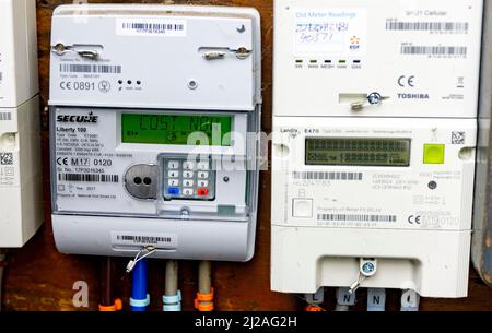 Pic shows: electricity meters in a block of flats in North London today  Many worried customers were checking their readings and submitting them befor Stock Photo