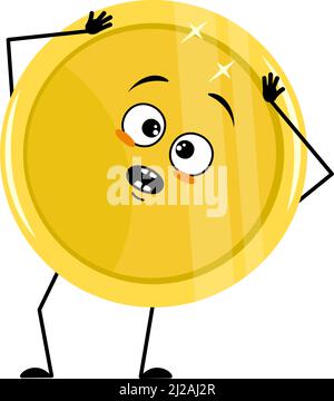 Cute golden coin character with emotions of hero, brave face, arms and ...