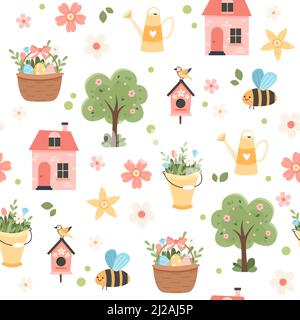 Spring pattern with cute elements - cherry blossom, easter egg basket, house, bees and flowers. Vector illustration in flat cartoon style Stock Vector