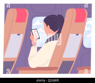 Woman with smartphone on airplane during flight. Stock Vector