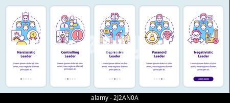 Types of toxic leaders onboarding mobile app screen Stock Vector