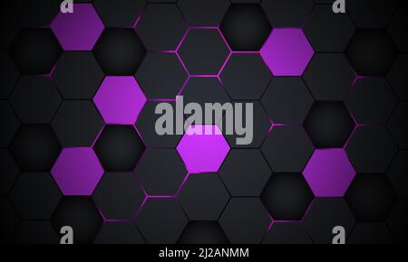 Dark gray and violet hexagonal technology abstract vector background with purple colored bright flashes under hexagon. Hexagonal gaming vector Stock Vector