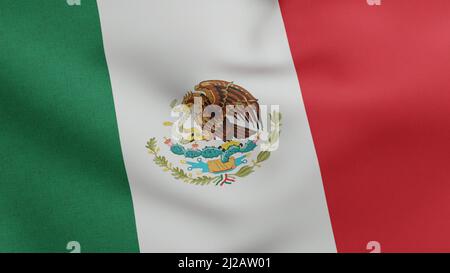 National flag of Mexico waving 3D Render, United Mexican States flag textile designed by Agustin de Iturbide and Francisco Eppens Helguera, coat of Stock Photo