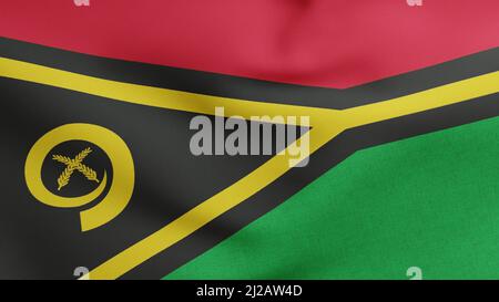 National flag of Vanuatu waving 3D Render, Republic of Vanuatu flag textile designed by Kalontas Mahlon, coat of arms Vanuatu independence day Stock Photo