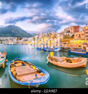 Astonishing evening cityscape of Castellammare del Golfo town. Popular travel destination of Mediterranean sea. Location: Cefalu, Province of Palermo, Stock Photo